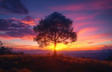 Naklejka premium Serene Autumn Sunset Over Mountain Landscape with Vibrant Colors and Lone Tree