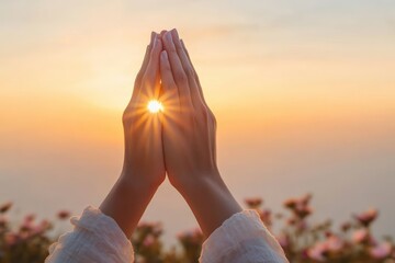 Praying Hands in Sunrise Sky Pastel Background