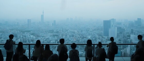 Majestic Cityscape Silhouette Under Hazy Overcast Sky   Minimalist Urban Landscape Panoramic View of Towering Skyscrapers and Futuristic Architecture in a Modern Metropolis