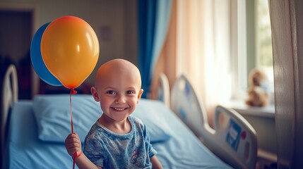 A young child's bright smile illuminates a hospital room as they hold a colorful balloon, with soft sunlight streaming through the window, symbolizing hope and resilience against childhood cancer.