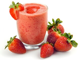 Glass of creamy strawberry smoothie isolated on white background featuring a rich and delicious strawberry flavor