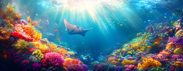 Underwater Paradise: A breathtaking panorama unfolds beneath the waves, showcasing a vibrant coral reef teeming with life, where a graceful manta ray glides through the sunlit waters