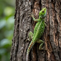 Fototapeta premium Lacertidae Lizard Climbing Tree Bark