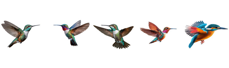 hummingbirds and kingfisher birds in flight on white background