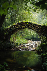 A serene stone bridge covered in lush greenery spans a tranquil forest stream, creating a picturesque and peaceful natural scene.