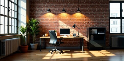 Minimalist office loft with brick walls, industrial lighting, wooden desk, and modern chair, office, brick walls, wooden desk