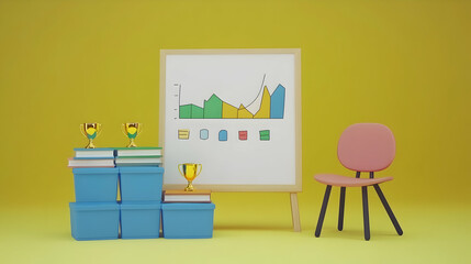 Office Presentation Scene: Whiteboard with Charts, Chairs, and Trophy