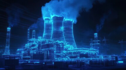 Fototapeta premium Digital wireframe of a power plant at night, glowing blue. Illustrates energy production, technology, and infrastructure.