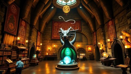 A magical exhibition hall resembling an enchanted castle, with levitating books, glowing orbs, and mystical symbols carved into the ancient stone walls. Soft golden light illuminates the space, highli