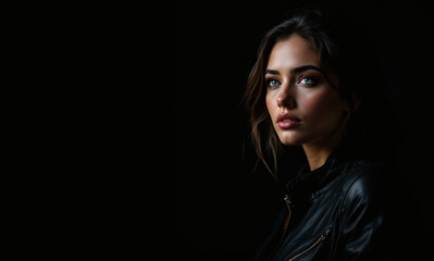 Confident Woman Motorbiker on Dark Background with Copy Space, Adventure, Freedom, Lifestyle