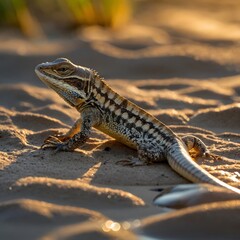 Fototapeta premium Lizard on Riverbank with Golden Reflections at Dusk