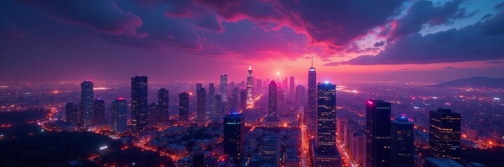 Obraz premium Panoramic view of a vibrant city skyline with sparkling city lights, buildings, modern, night