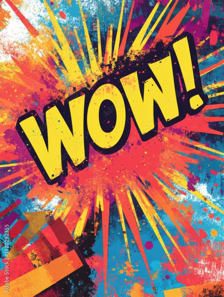 Poster bold pop art design features wow in vibrant colors with discount prices and starburst patterns empha