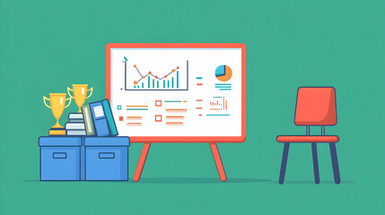 Office Presentation Scene: Whiteboard with Charts, Chairs, and Trophy