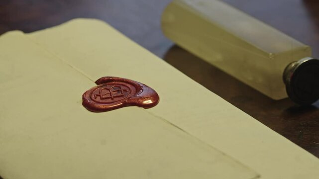 Wax Sealed and stamped enveloped letter placed on CLOSE-UP