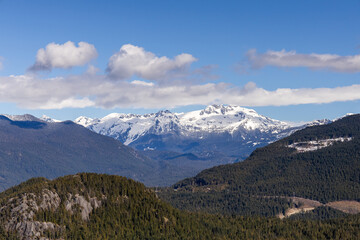 Obraz premium Snow-Capped Chief Mountain and Forest Landscape in Squamish, British Columbia, Canada