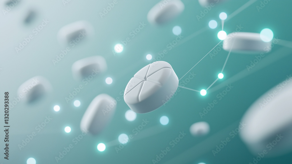 Poster floating white pills connected by glowing lines on soft gradient background symbolize digital health