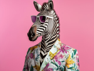 zebra wearing sunglasses and floral suit stands against pink background, showcasing unique and fashionable style