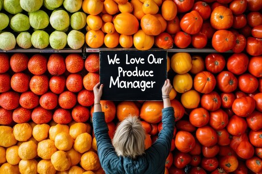 Vibrant Seasonal Gratitude National Love Your Produce Manager Day - Fresh Market Appreciation and Wellness Narrative in Colorful Retail Display