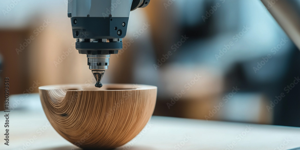 Poster robotic arm precisely carves wooden bowl, showcasing advanced technology in woodworking. smooth, int