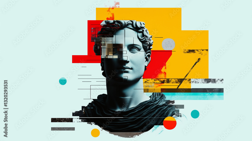 Leinwandbilder digital collage featuring classical statue bust with abstract geometric shapes and vibrant colors, c