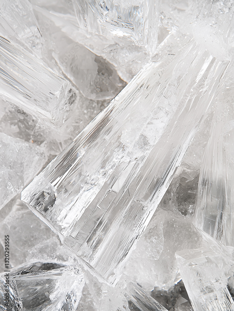 Poster Detailed macro image of salt crystals showcasing their intricate geometric patterns and transparency. close up view highlights natural beauty and complexity of these crystalline structures