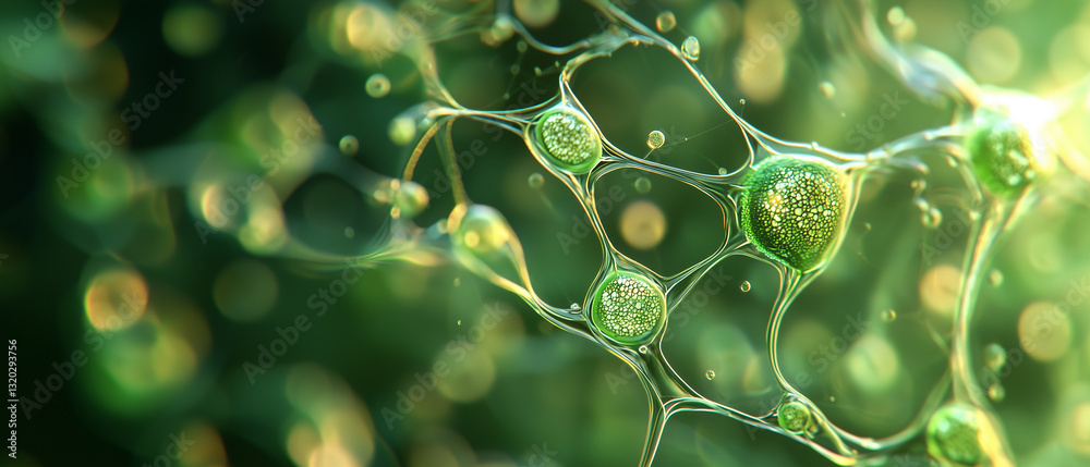 Poster close up view of vibrant green plant cell structure with intricate details and glowing elements, showcasing complexity of nature