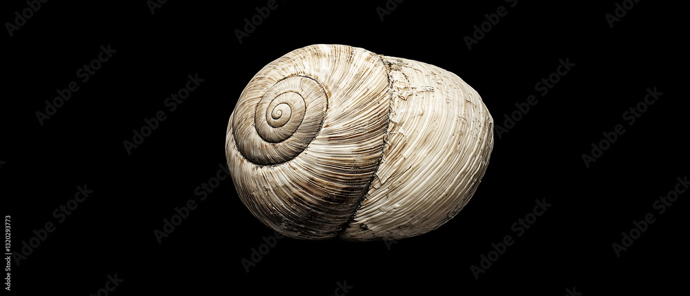 Poster detailed macro shot of snail shell highlights its intricate texture and spiral pattern against black background. shell natural colors and patterns are clearly visible, showcasing nature artistry