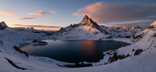 Snowy Alpine Lake at Sunrise