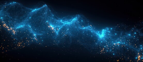 Futuristic Digital Network Visualization Abstract Art with Glowing Blue Neon Lines and Dots on Dark Background