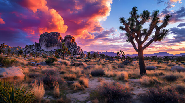 Desert Sunset: A dramatic sunset paints the sky above a rugged desert landscape, the vibrant colors illuminating the iconic Joshua trees and rocky formations.