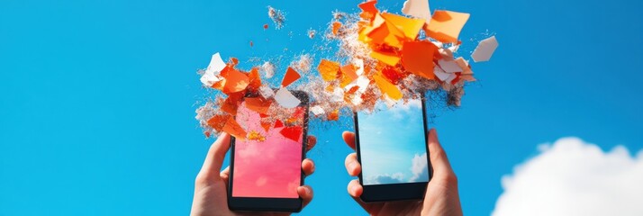 Disrupted Connectivity Dynamic Digital Transformation Visualized Through Explosive Smartphone Interaction - Next-Gen Communication Paradigm in Vibrant Mixed Reality Landscape