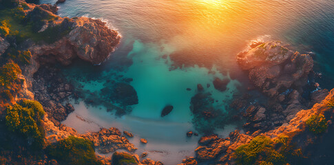 Obraz premium Aerial Coastal Paradise: A breathtaking aerial view captures the raw beauty of a sun-kissed coastline. The turquoise waters gently kiss the sandy shore, framed by rocky cliffs and lush greenery.