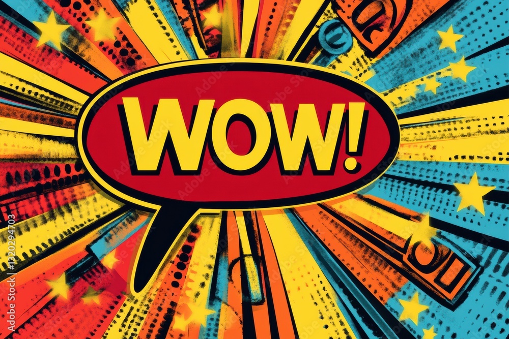 Poster exciting comic style design featuring bold speech bubble with wow surrounded by vivid colors and dis