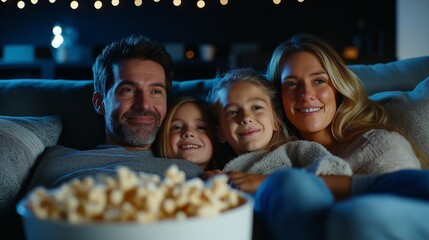 Family movie night popcorn home cozy AI generated
