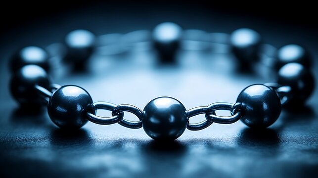 A reflective close up view of connected spherical objects