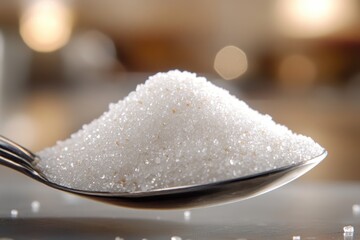 Spoonful of granulated sugar crystals. Illustrates sweetness, baking, or culinary uses.