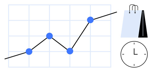Line chart tracking growth with blue points, shopping bag, clock for sales, trends, time. Ideal for business, marketing, statistics, retail analytics planning flat simple metaphor