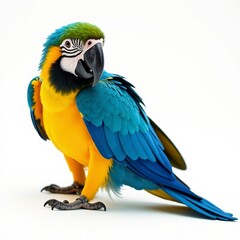 Fototapeta premium Vibrant blue and yellow macaw with bright feathers on white background, vibrant, parrot, macaw