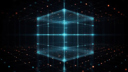 Obraz premium Futuristic 3D Wireframe Cube Structure with Neon Lighting and Ambient Glow in Digital Art Style