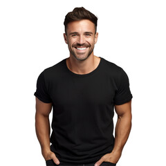 Fototapeta premium A man is smiling and wearing a black shirt isolated on transparent background
