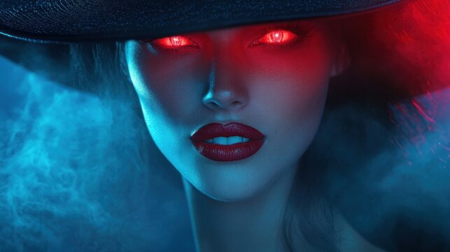 Close-up Portrait of a Vampire Woman with Red and Blue Lighting in Dark Fantasy Setting