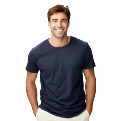 Handsome man is wearing a blue t-shirt and gray pants isolated on transparent background