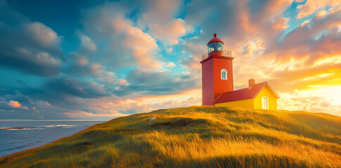 Beacon of Guidance: Lighthouse perched atop a grassy knoll under a dynamic, colorful sky, bathed in the warm light of a sunset, offering a beacon of hope and guidance.