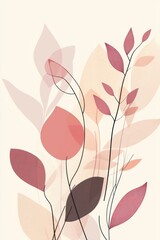 Abstract floral design, delicate leaves, soft pastel colors, natural scene
