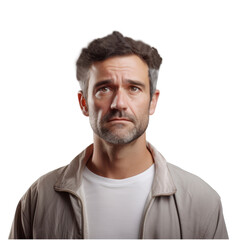A man with a beard and gray hair is wearing a white shirt and a gray jacket isolated on transparent background