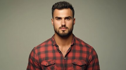 Obraz premium Handsome man red plaid shirt serious face. AI generated