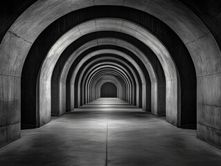Naklejka premium A hauntingly beautiful corridor featuring a series of archways, illuminated by soft light.