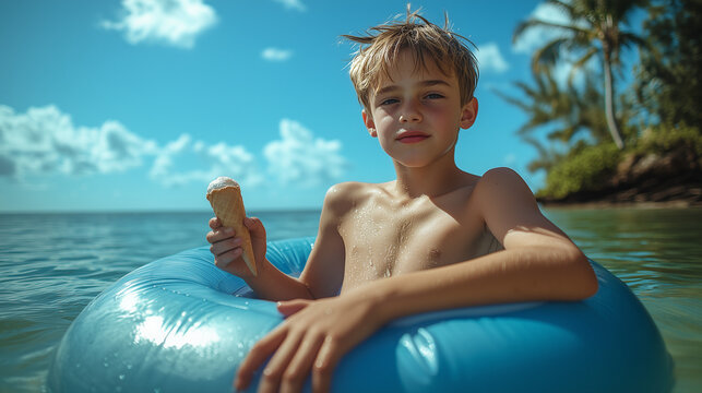 Menino aproveitando sorvete em boia infl&aacute;vel em cen&aacute;rio tropical no ver&atilde;o