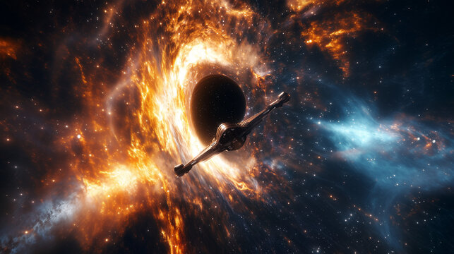 Nave espacial futurista pr&oacute;xima a um buraco negro em cen&aacute;rio espacial &eacute;pico